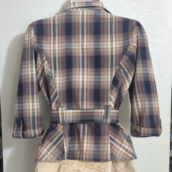 Y2K Brown Plaid Lightweight Cotton Blazer Jacket - Picture 2 of 6